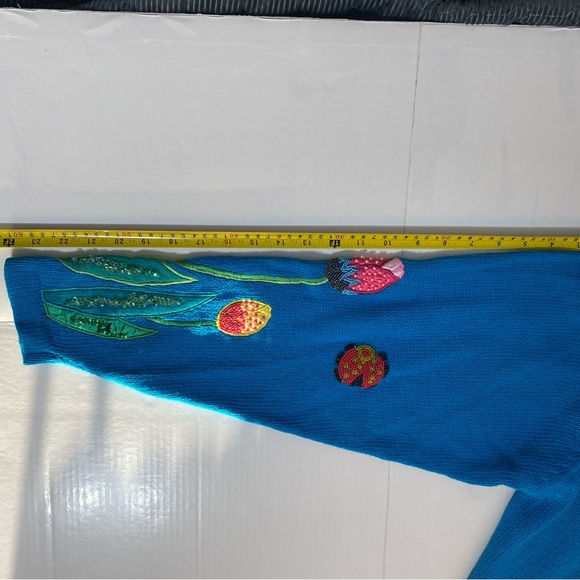 CEDAR  tight Knit beaded patch size L turquoise long sleeve pullover - Picture 5 of 9